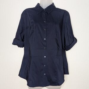 7th Avenue Navy Fitted Button-Down Shirt Tab‎ Sleeves Women's Size L